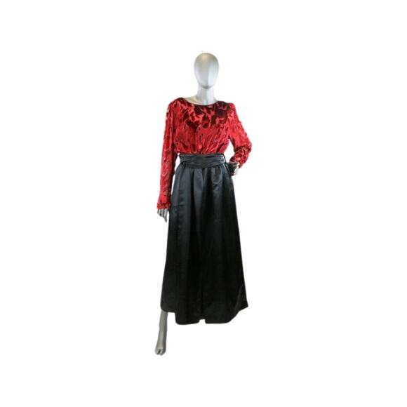 Vintage 1980s Helga Silk/Satin Black and Red Burnout Gown Large - Picture 5 of 10